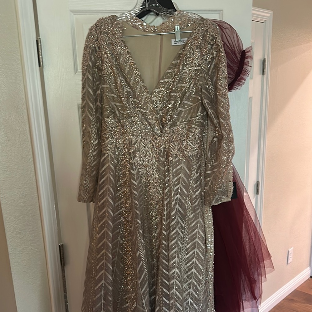 Mac Duggal Cream Sequin Embellished Long Sleeve Gown
